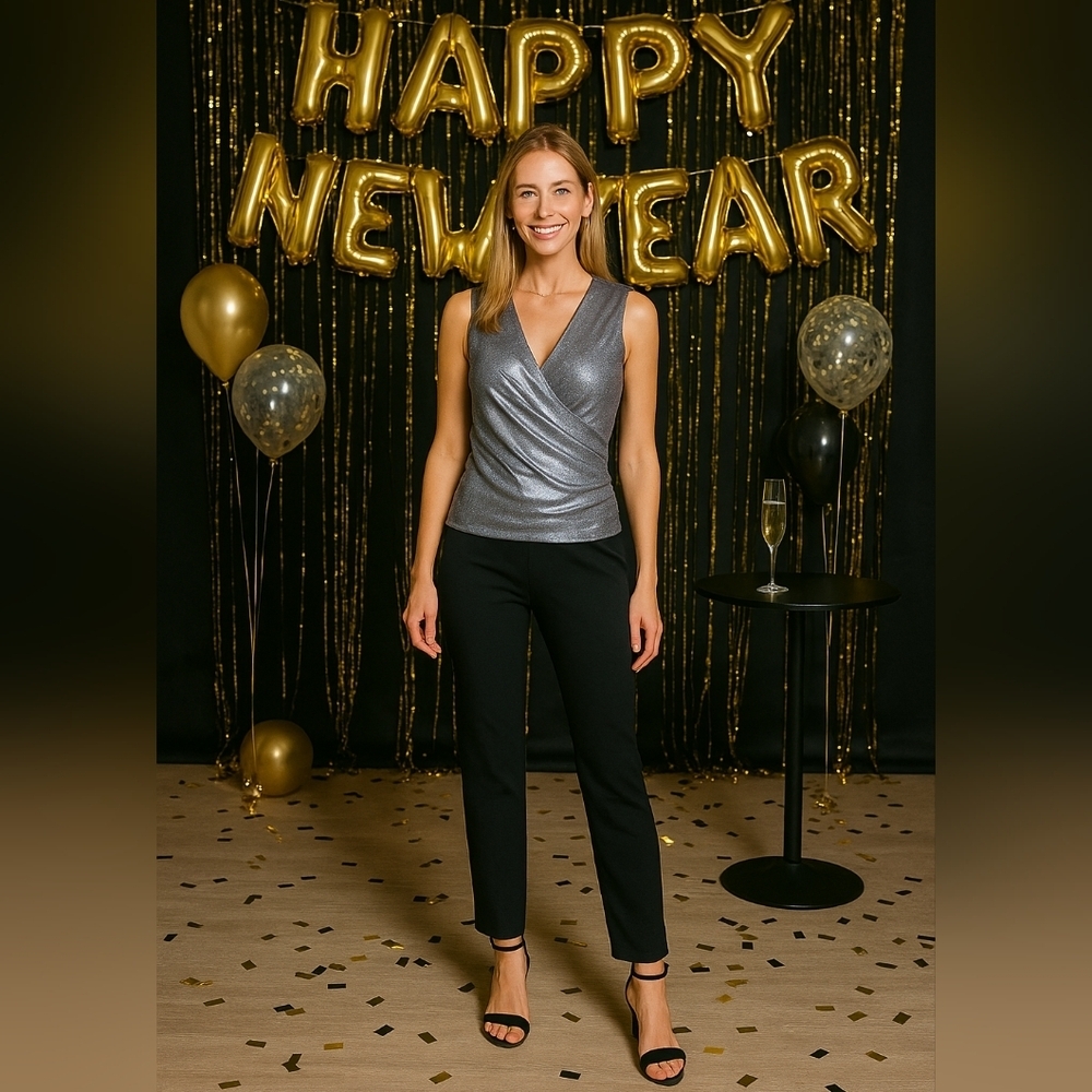 Small Nee Years Holiday Party Metallic Silver Wrap V Neck Blouse Grunge Y2k